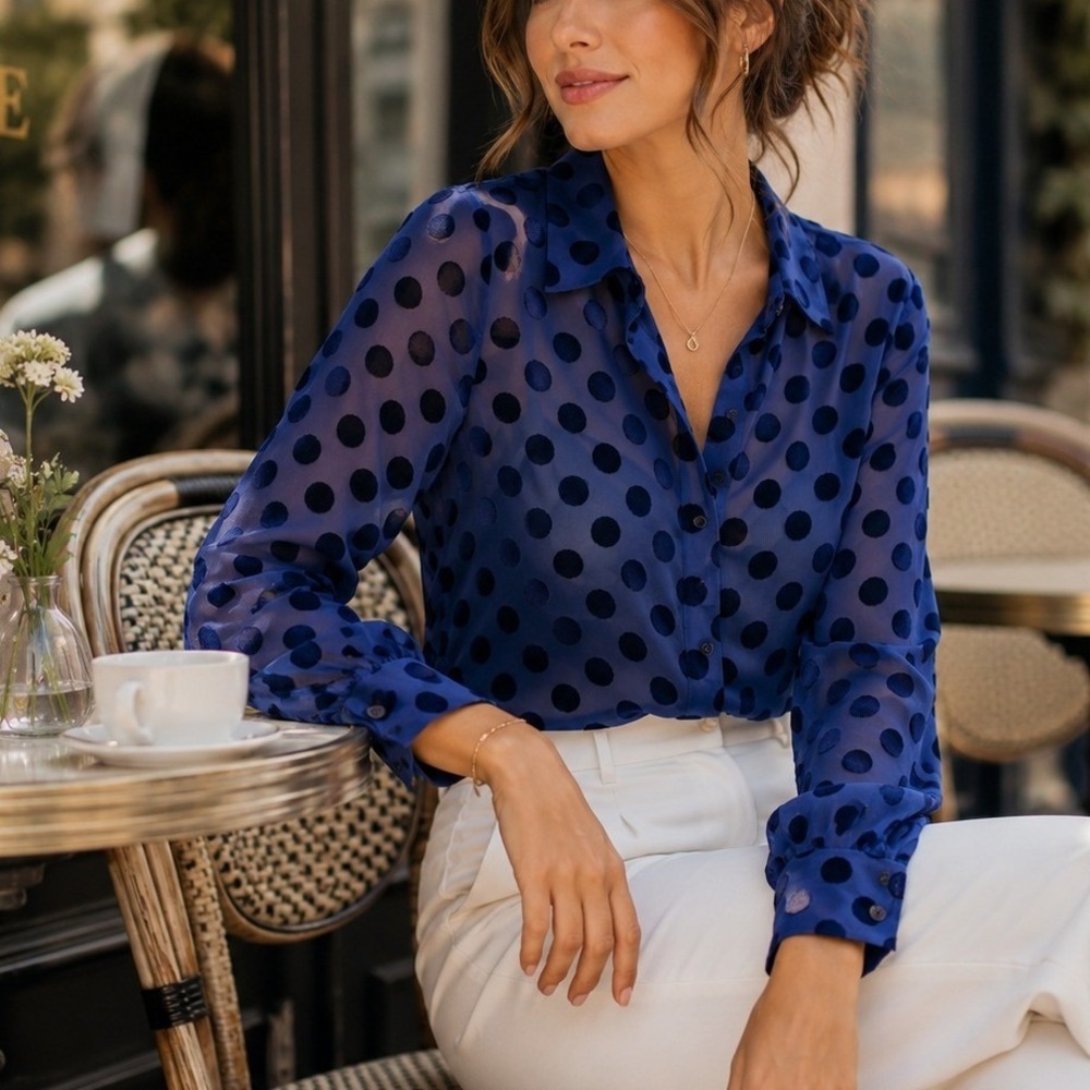 Christopher & Banks Petite Blue Flocked Polka Dot Sheer Button Up Top PS